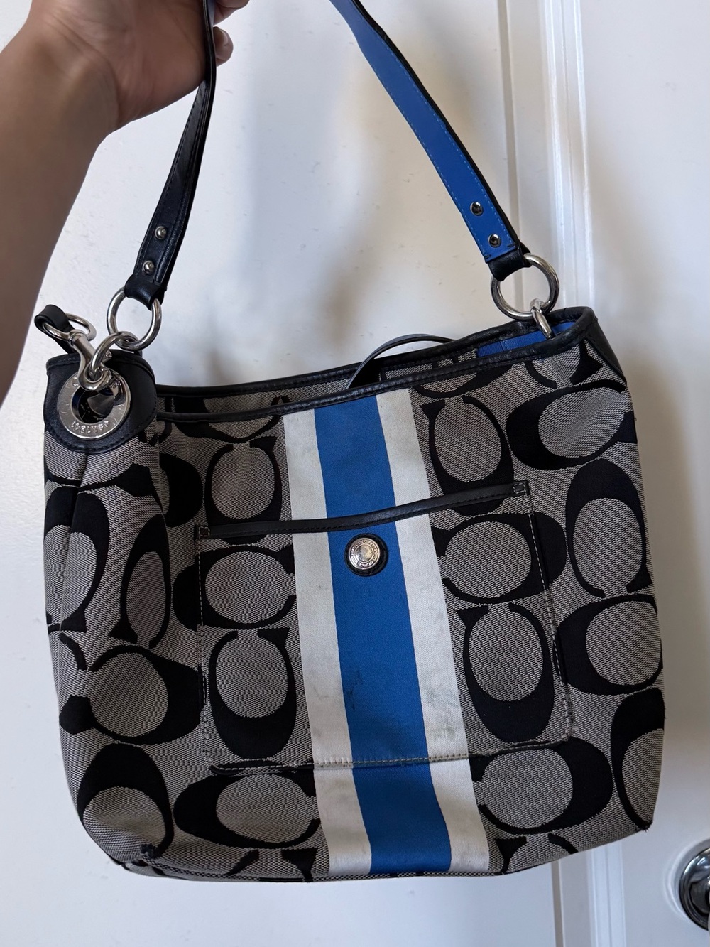 Coach Grey Monogram Shoulder Bag with Blue Stripe and Black Trim - Picture 3 of 12